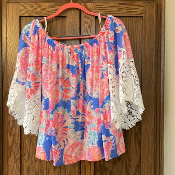 Lilly Pulitzer Zaylee Off Shoulder Blouse Top Lace Sleeve Elastic Neck Medium - Picture 5 of 10